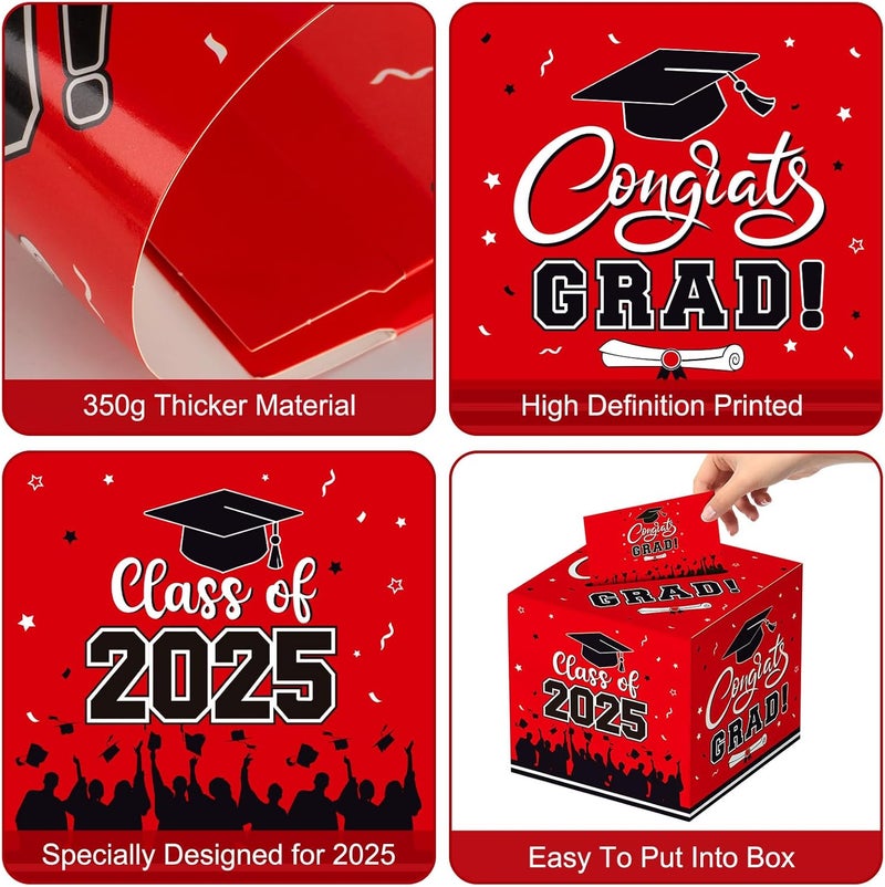 PERFQU Graduation Card Box 2025 - Congrats Grad Card Boxes Holder, Red Class of 2025 Graduation Gift Cards Box for Graduation Party Decorations 2025 Favors Decor Supplies Props,9x 9 x 9 inches - Image 4